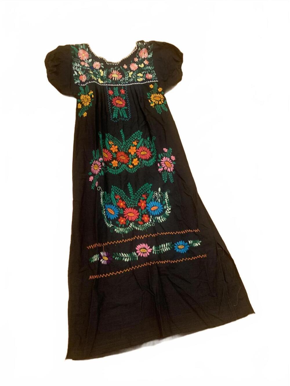Vintage Black Mexican Folk Art Embroidered Dress with Floral Design